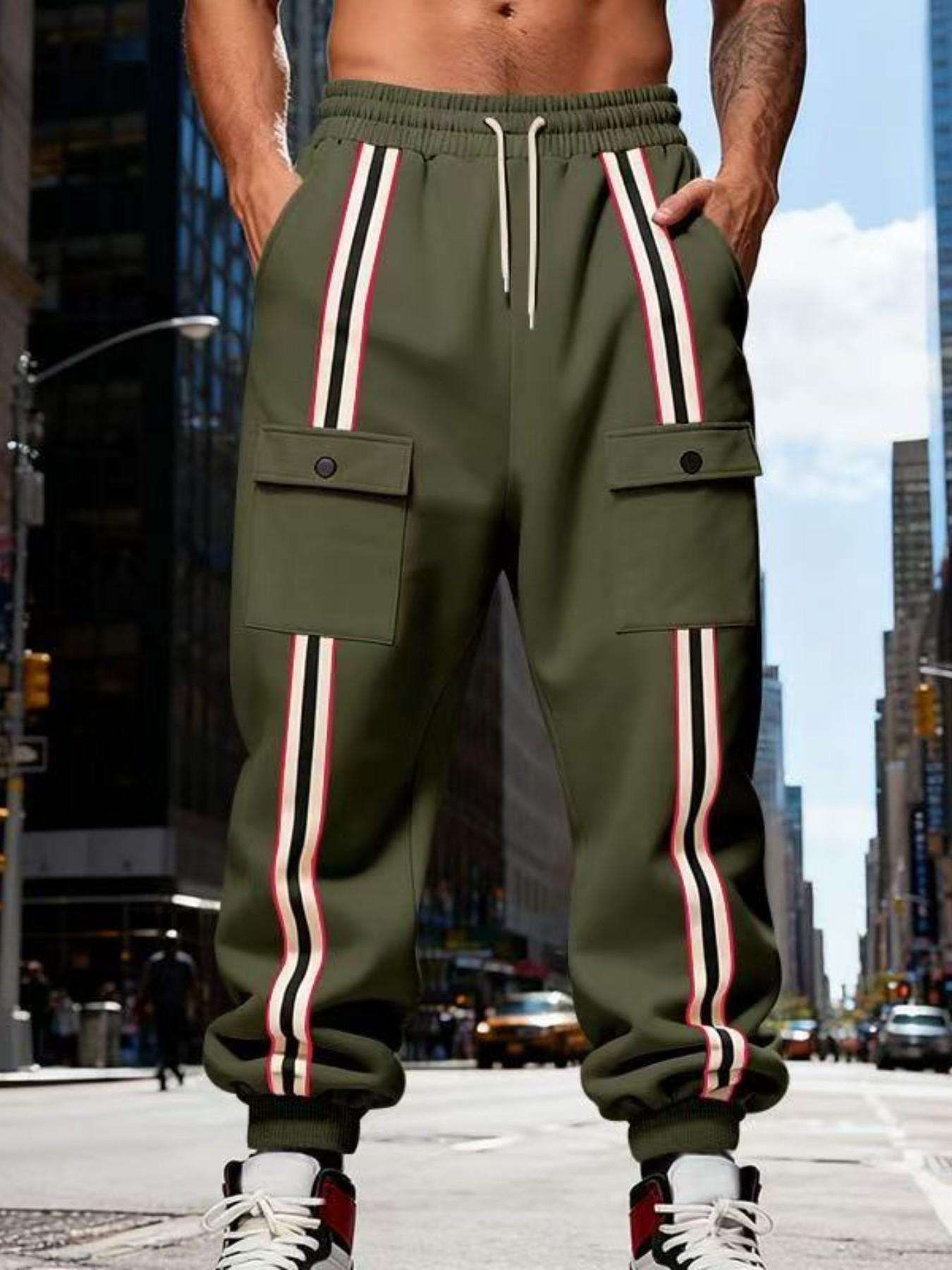 Men's Striped Cargo Jogger Pants, Casual Drawstring Waist Sweatpants, Flap Pockets, Streetwear Track Pants for Men, Comfortable and Stylish
