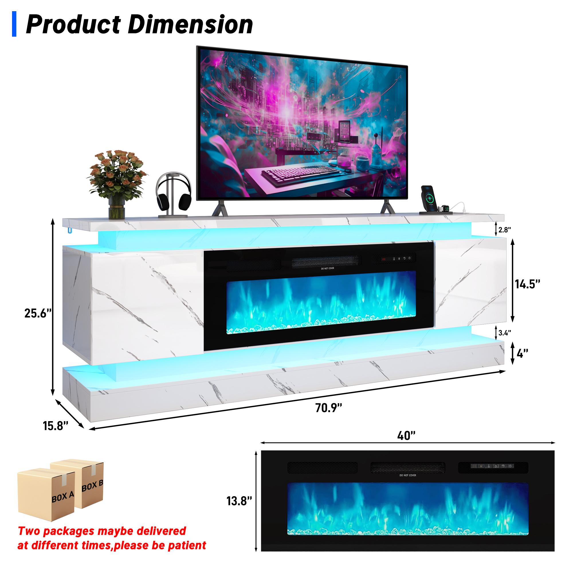 71in Fireplace TV Stands w/40 inch Fireplace Power Outlet for 85/80/75 Inch TV,High Glossy Modern TV Console Gaming Entertainment Center with 2 Storage Cabinets,Dual LED Lights,Black/White