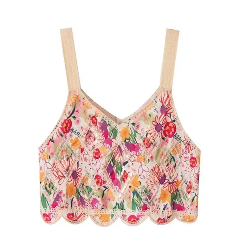 Sequin Floral Crochet Cami Top Strappy V-Neck Crop Camisole Vest Women Teen-girl Summer Cottagecore Boho Beach Outfit