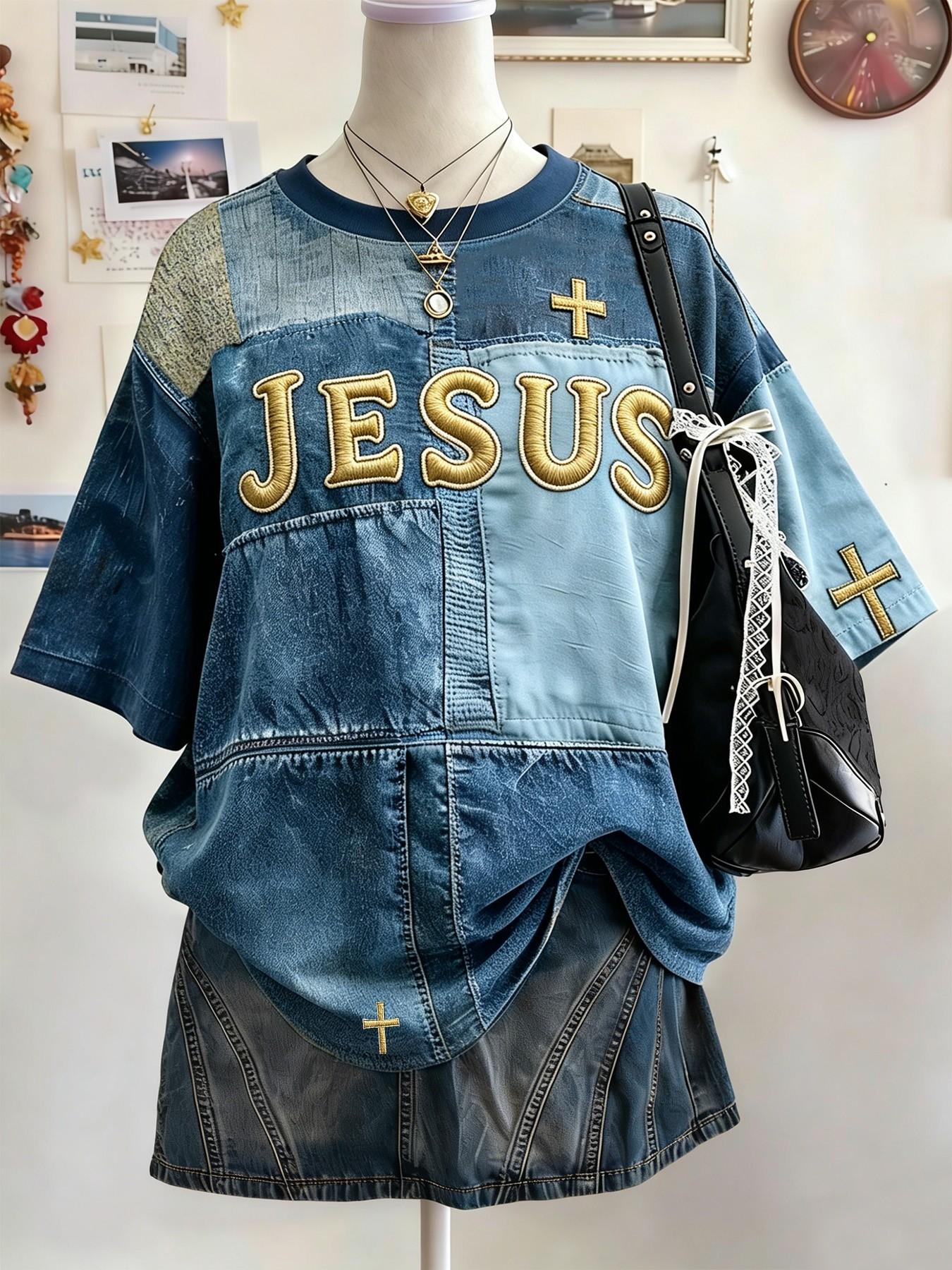 Vintage Patchwork Graphic T-Shirt, Bright Colors, Comfortable Jesus Cross Faith Pattern, Round Neck, Casual Daily Wear