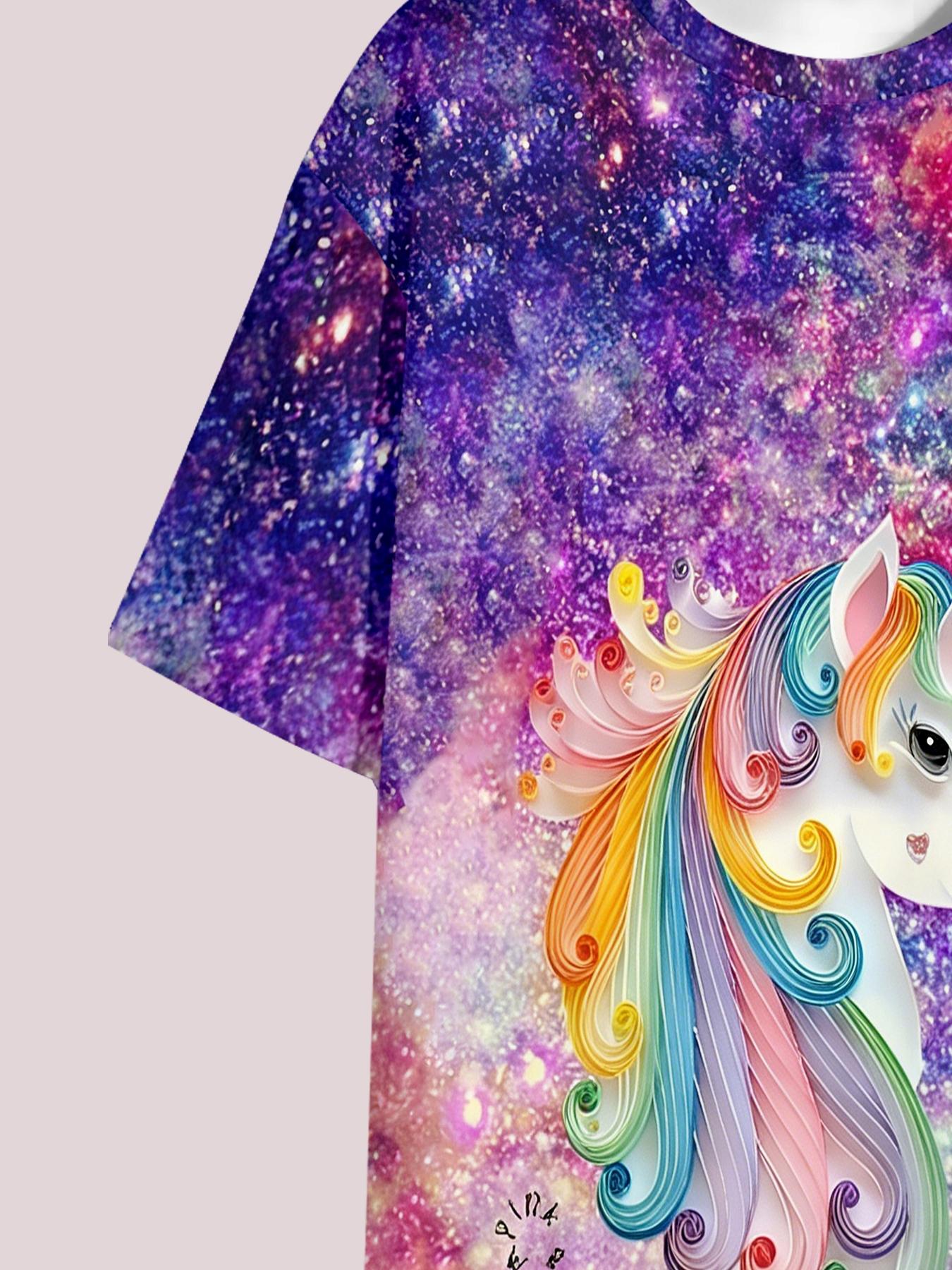 Girls Summer Rainbow Unicorn Galaxy Print Set, Kids Stylish Short Sleeve & Shorts Two-Piece Outfit