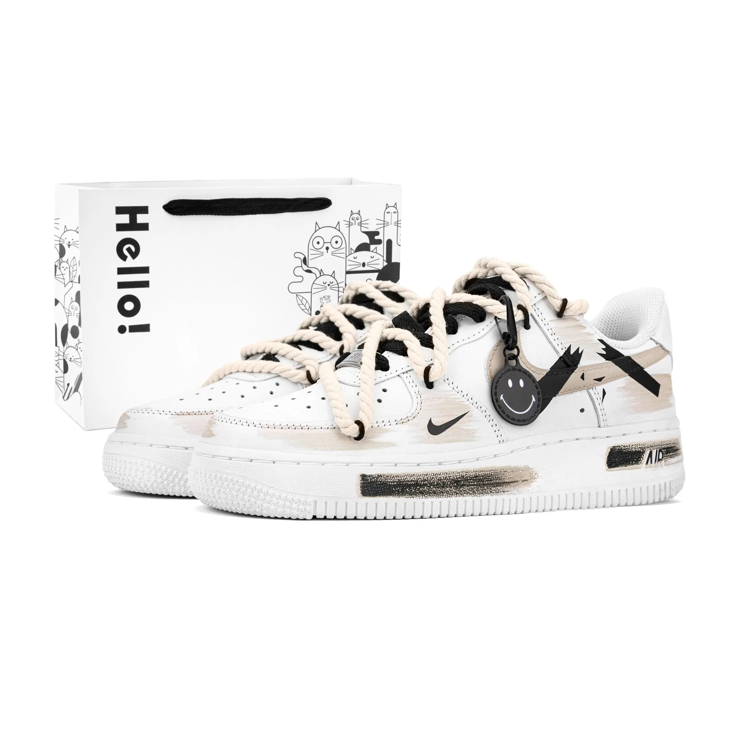 Nike Air Force 1 Custom Low-Top Sneakers for Men and Women – Vintage Brown-White-Black Deconstructed Triple Swoosh Verifiable, with credentials and supporting global authentication