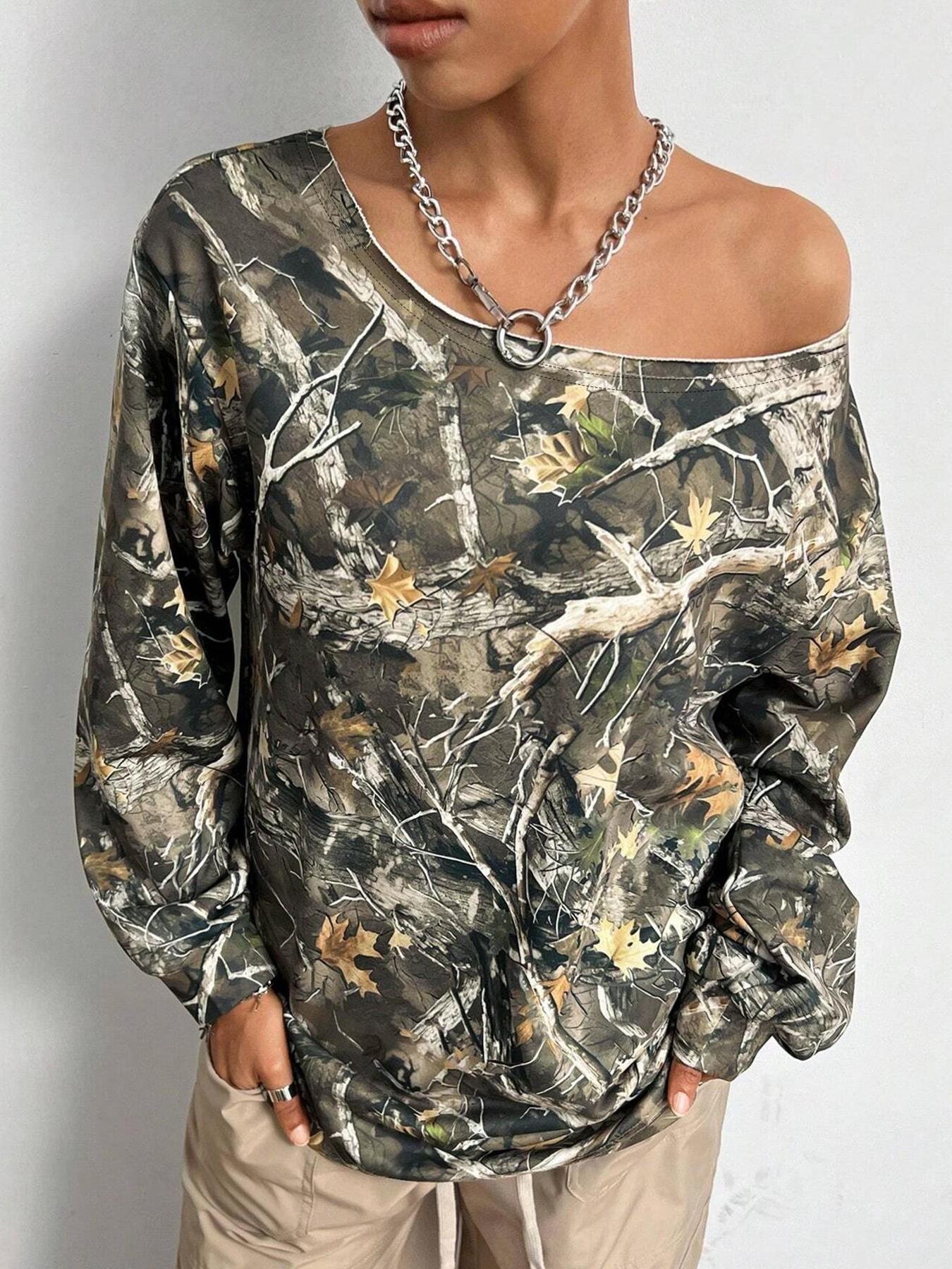 Women's Pullover Sweatshirt, Long Sleeve, Branch Texture Print, Fashionable and Comfortable, Casual Streetwear, Hip Hop, Dance, Motorcycle, Campus Style, Polyester Knit Pullover