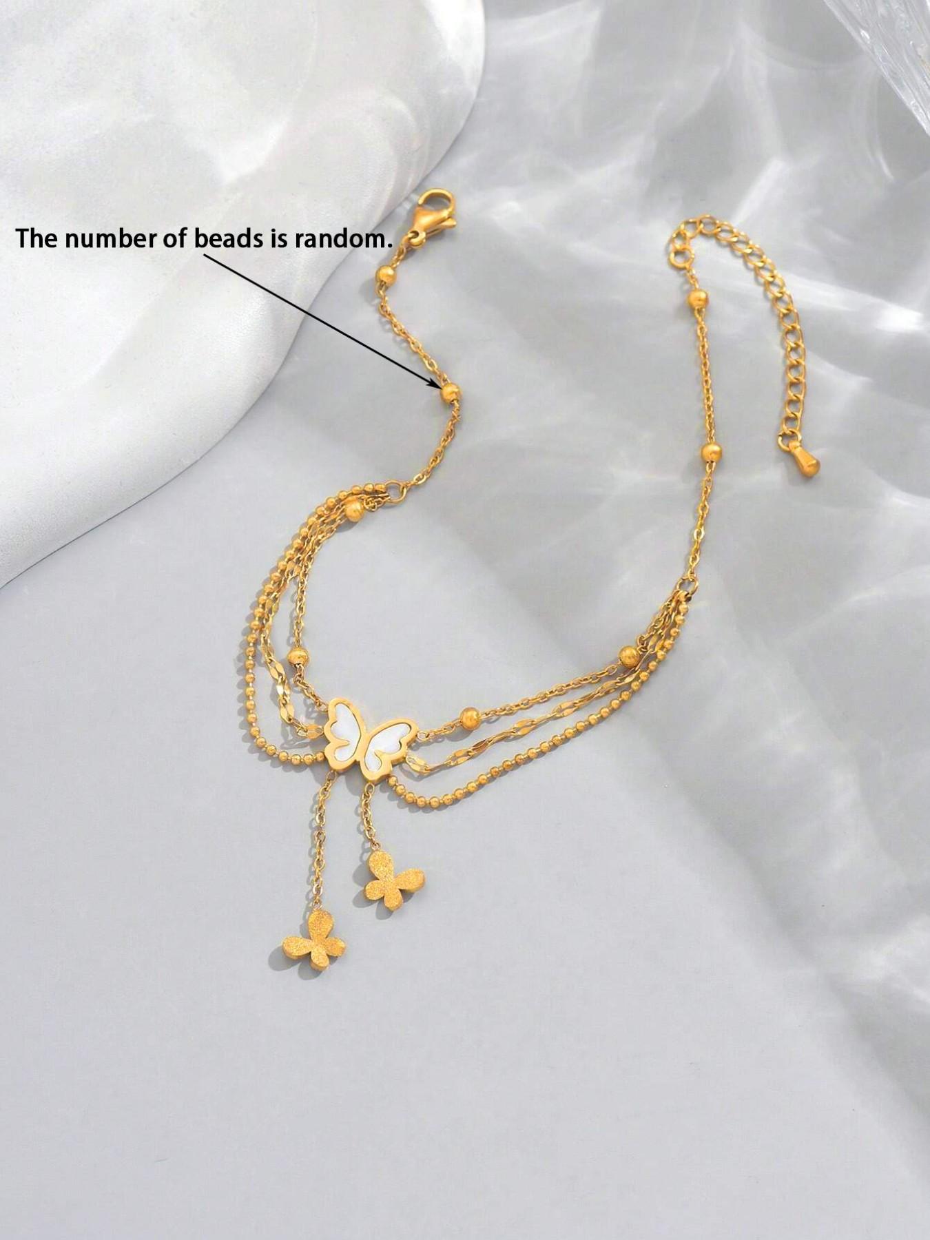 Women's Stainless Steel Beaded Three-Layer Butterfly Fringe Anklet, Fashion Jewelry Accessory, Elegant Footwear Decor