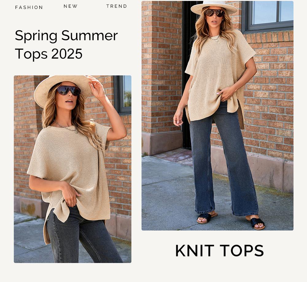 Shewin 2026 Spring/Summer Oversized Cozy Ribbed Knit Top Women’s Crew Neck Short Sleeve Pullover Elegant Solid Color Knitwear with Side Slit for All-Season Casual Outfits SpringStatements