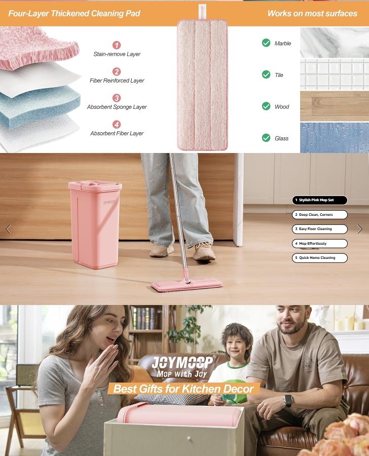 JOYMOOP Pink Mop and Bucket with Wringer Set for Home, with 3 Reusable Microfiber Mop Pads, Hands-Free Self-Cleaning System, Suitable for Floor Cleaning and Wall Cleaner