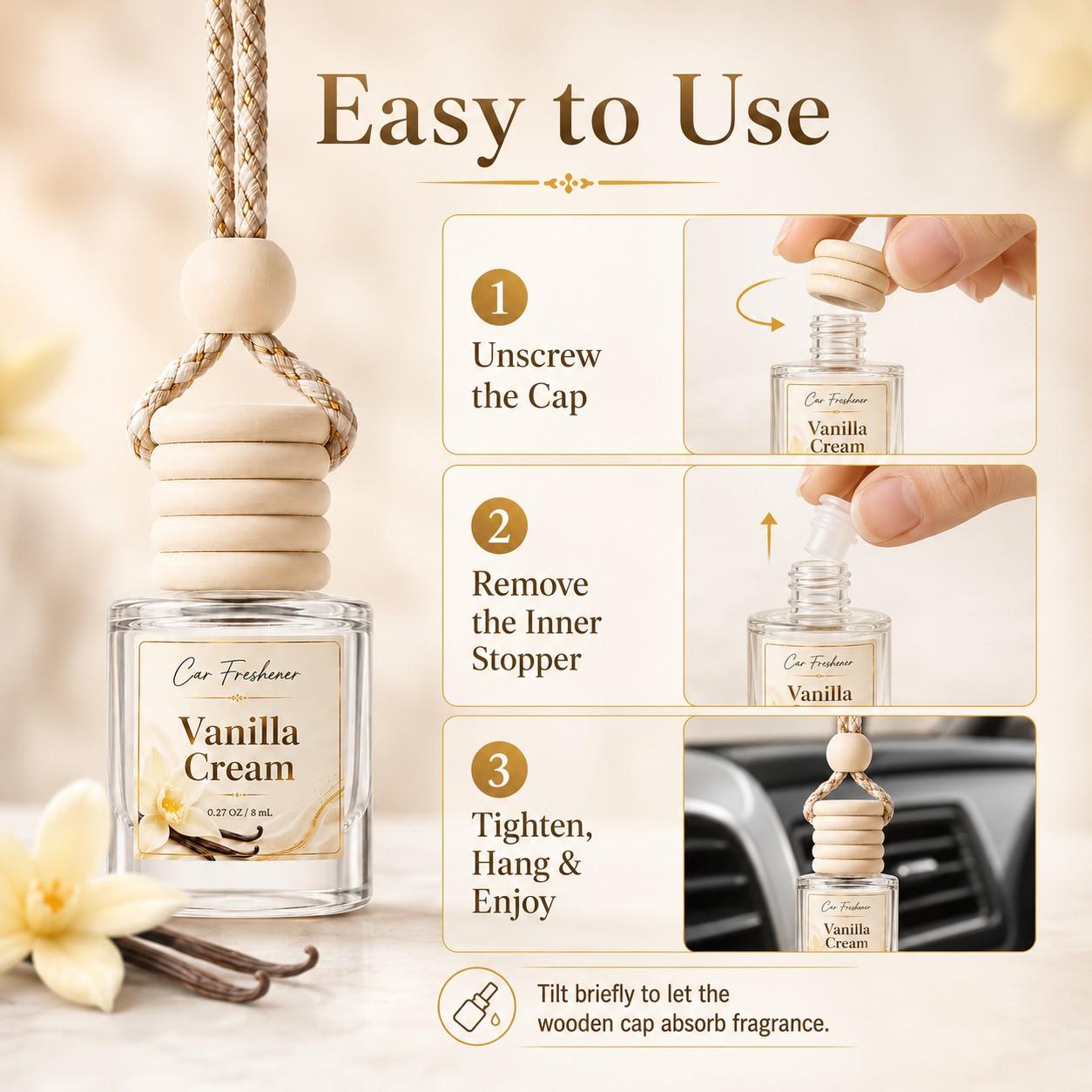 2 Pack Vanilla Cream Car Air Freshener, Car Perfume, Long Lasting Sweet Scent, 8ML Bottle, Hanging Car Freshener for Auto Interior, Car Accessories
