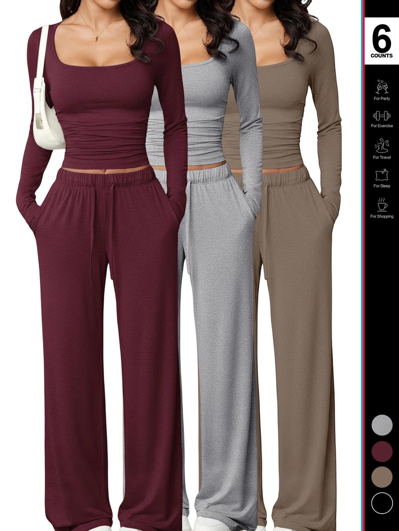 Women's 2 Piece Matching Lounge Set, Fitted Square Neck Long Sleeve Crop Top, High Waisted Wide Leg Drawstring Pants, Casual Sweatsuit