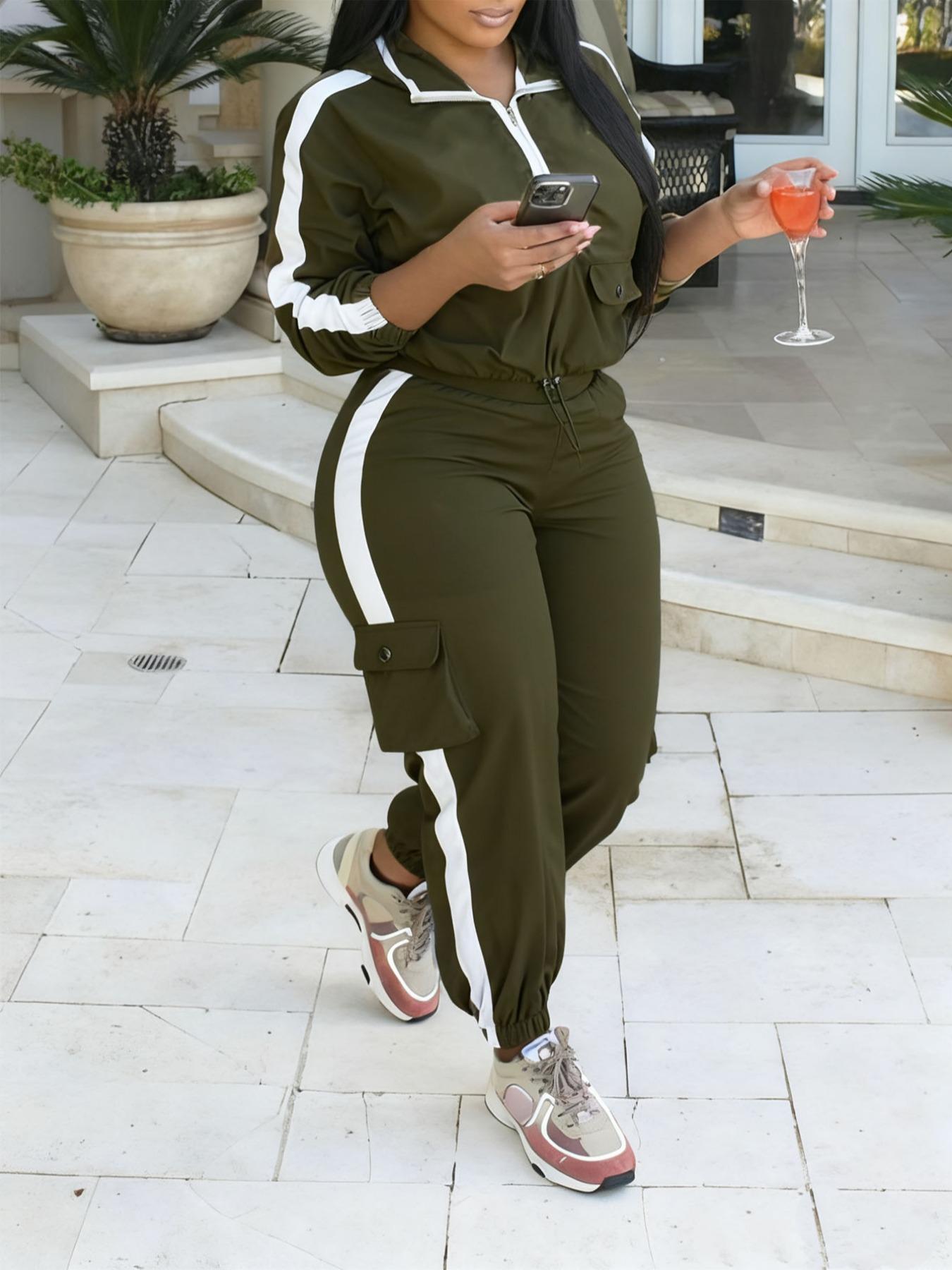 Women's Two-Piece Workwear Sport Set, Long Sleeve Zipper Windbreaker Jacket, High Waist Multi-Pocket Cargo Pants, Colorblock Design, Athletic Activewear Tracksuits, Athleisure Wear Set