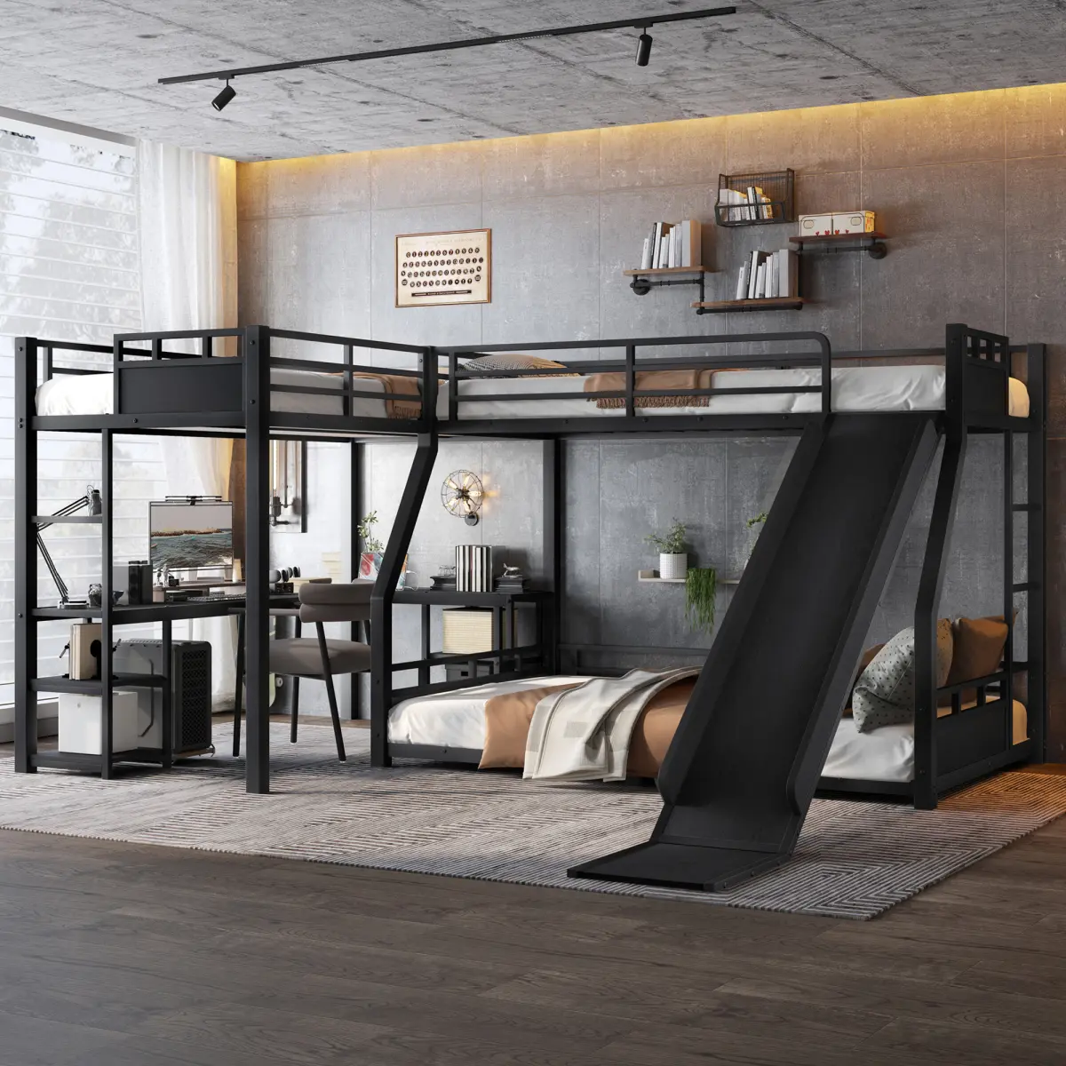 L-Shaped Triple Metal Bunk Bed with Slide, Twin Over Full Bunk Bed Frame with Twin Loft Bed & USB Charging Port, Heavy Duty Bed Frame with Desk and Storage Shelves for Kids Teens Adults, No Box Spring Needed, Black