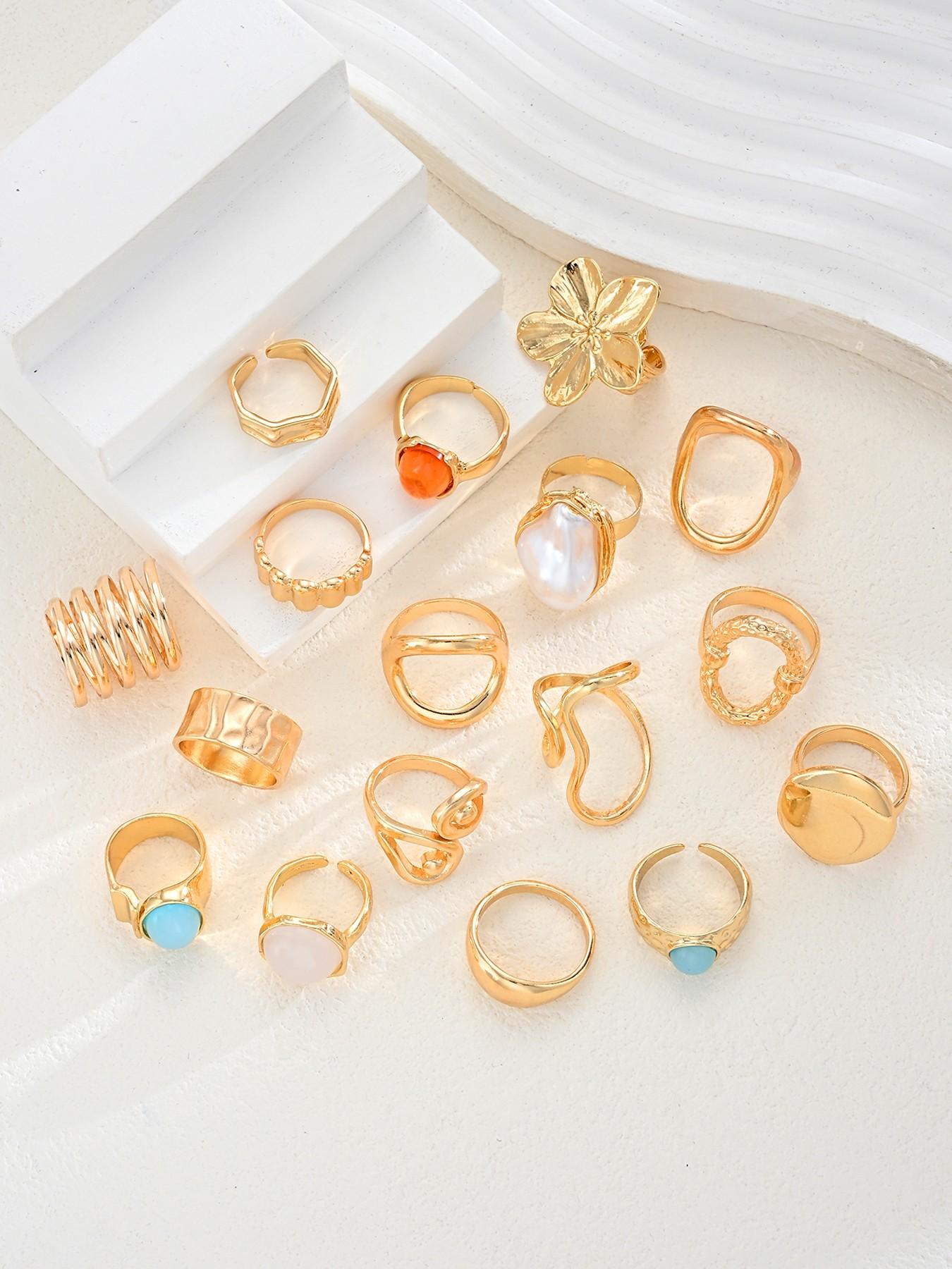 17-Piece Ring Set, Metal Colorful Gemstone Floral Imitation Pearl, Boho Style, Wide Band, Stackable Rings, Party, Date, Birthday Gift