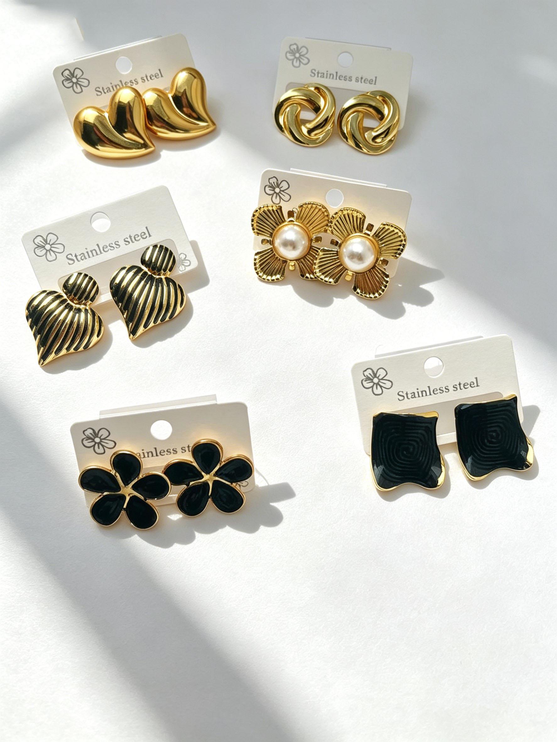 Vintage Gold Flower Pearl Earrings, Retro Black Enamel Studs, Hypoallergenic Stainless Steel Jewelry for Daily Outfit