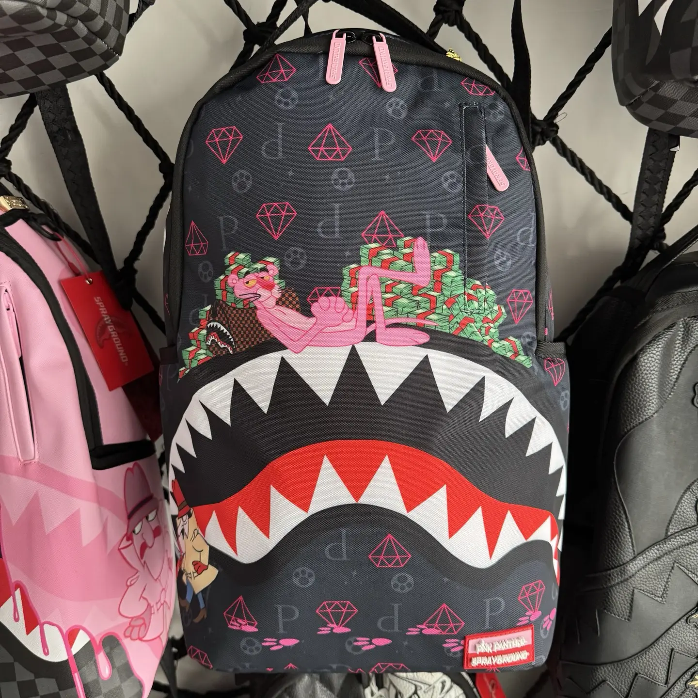 SPRAYGROUND SG Pink Panther Money Shark Mouth Backpack - Unisex Couple-Style Functional Luggage Bag