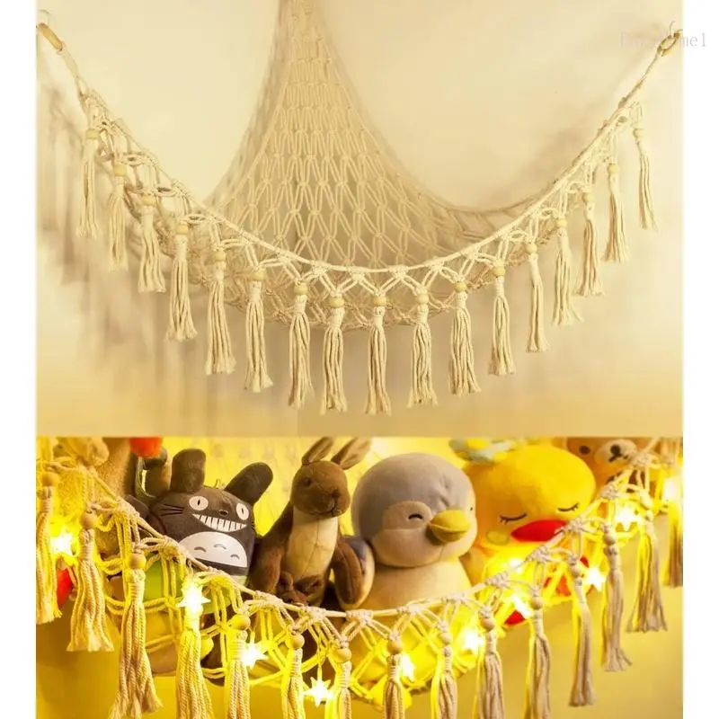 Hangable Macrame LED Light Storage Hammock - Corner Plushie Organizer, Nursery Bedroom Decorations for Room Home Organizer