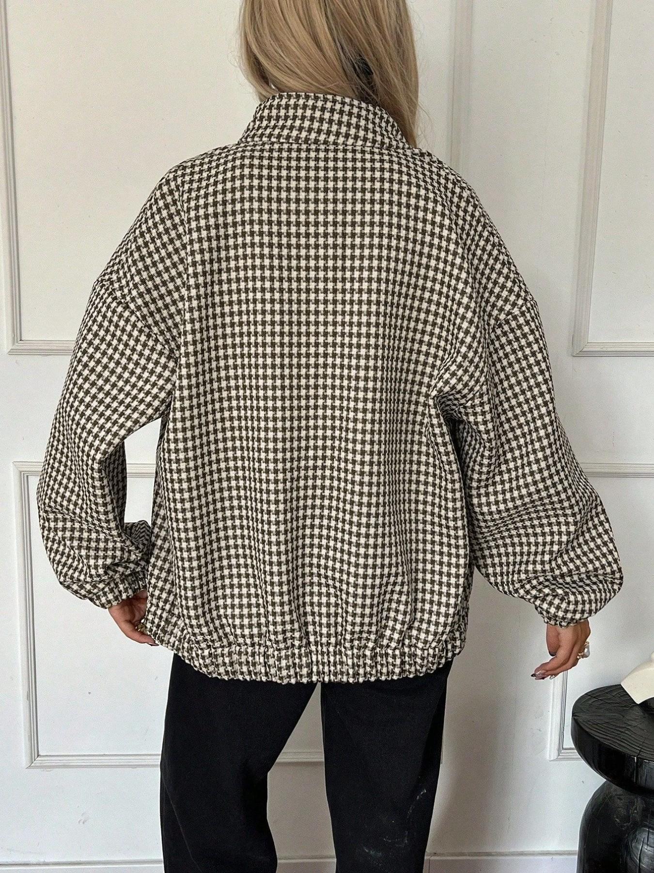 Women's Houndstooth Zippered Stand Collar Loose Fit Jacket, Casual Fall & Winter Outerwear, Plain Surface, Full Placket Top