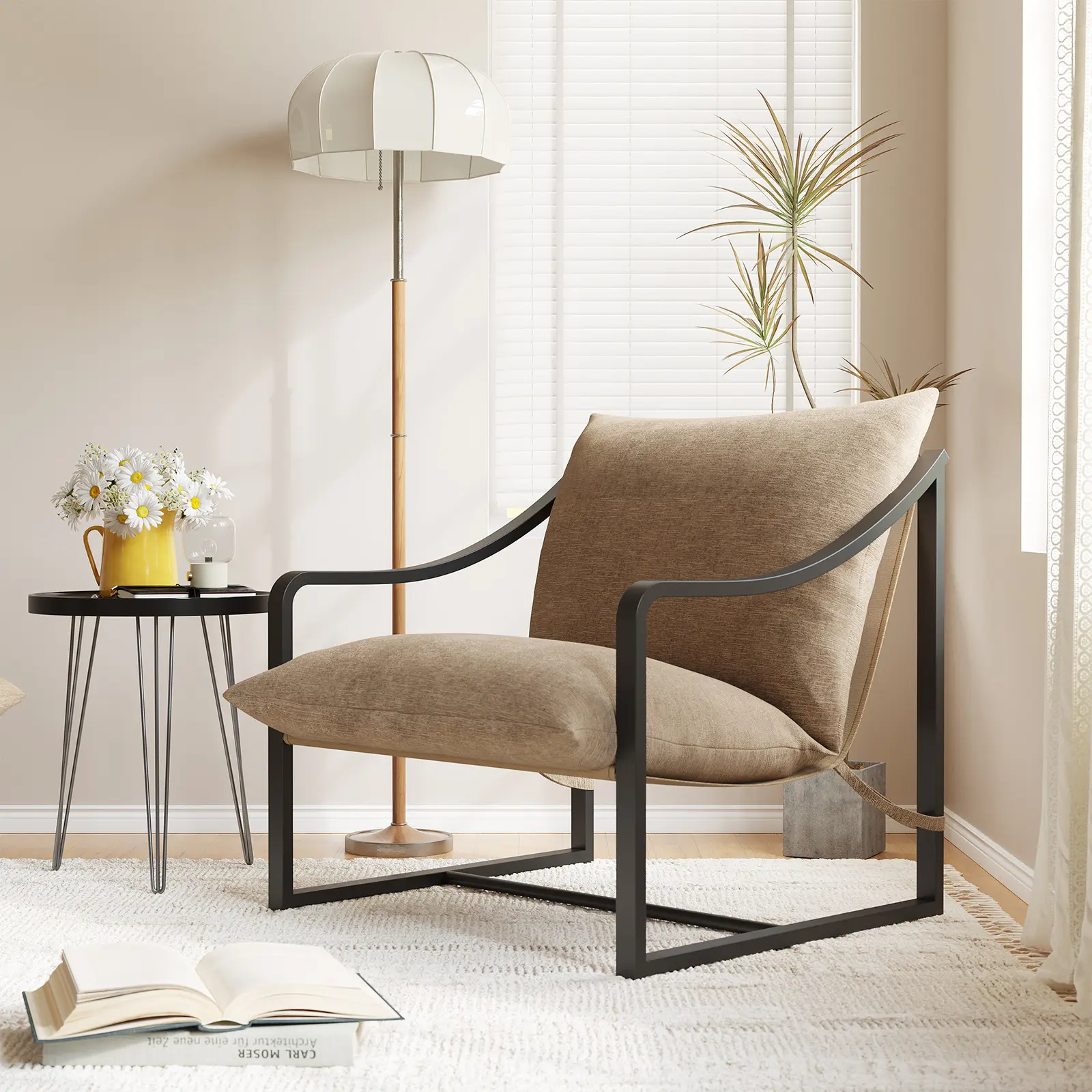 Accent Chairs Set of 2 for Living Room, Comfortable Bedroom Lounge Chairs with Metal Frame and Soft Cushion, Sling Design, Easy Assembly, Beige