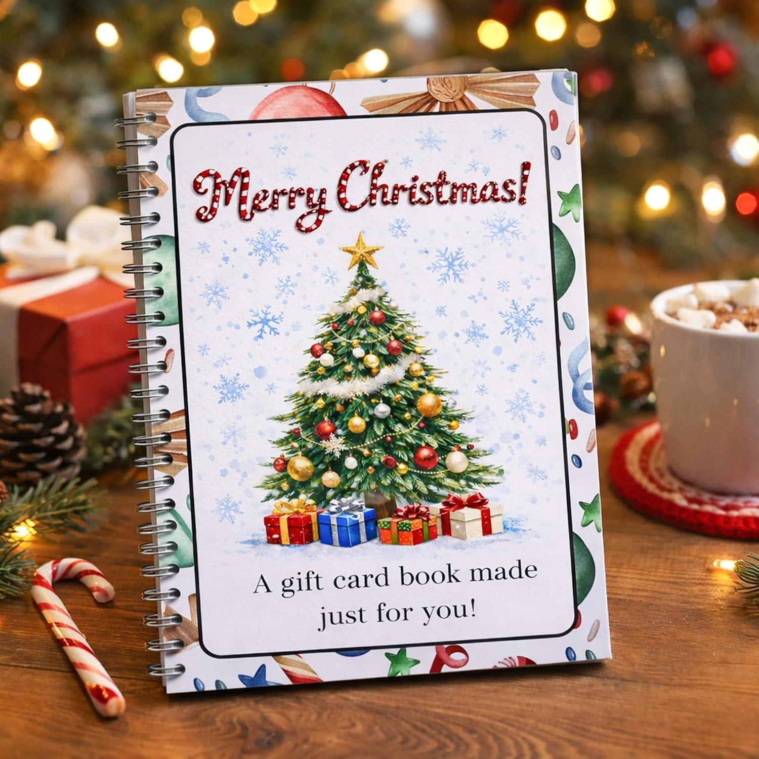 Christmas Gift Card Book, Santa Theme Spiral Binding Gift Card Album, Decorative Inner Pages, Christmas Gift Book with Card Holder, Perfect for Holidays and Parties