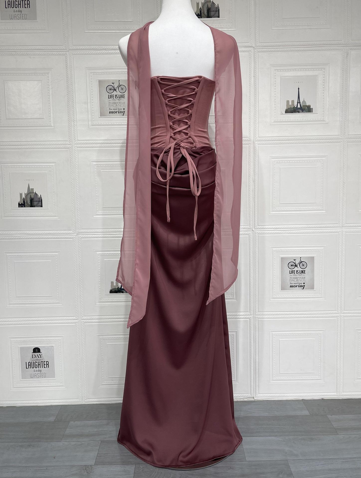 2026 European and American new style solid color waist-cinching sexy strapless bodycon long dress satin tie-back dress with ribbons