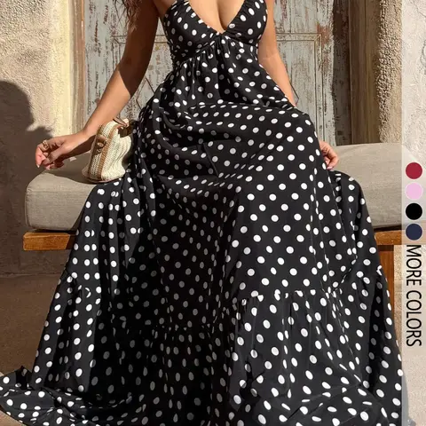 Women's All Over Print Backless Halter Neck Deep V-Neck Summer Beach Vacation Bodycon Dress, Casual Boho Elegant Maxi Long Dress
