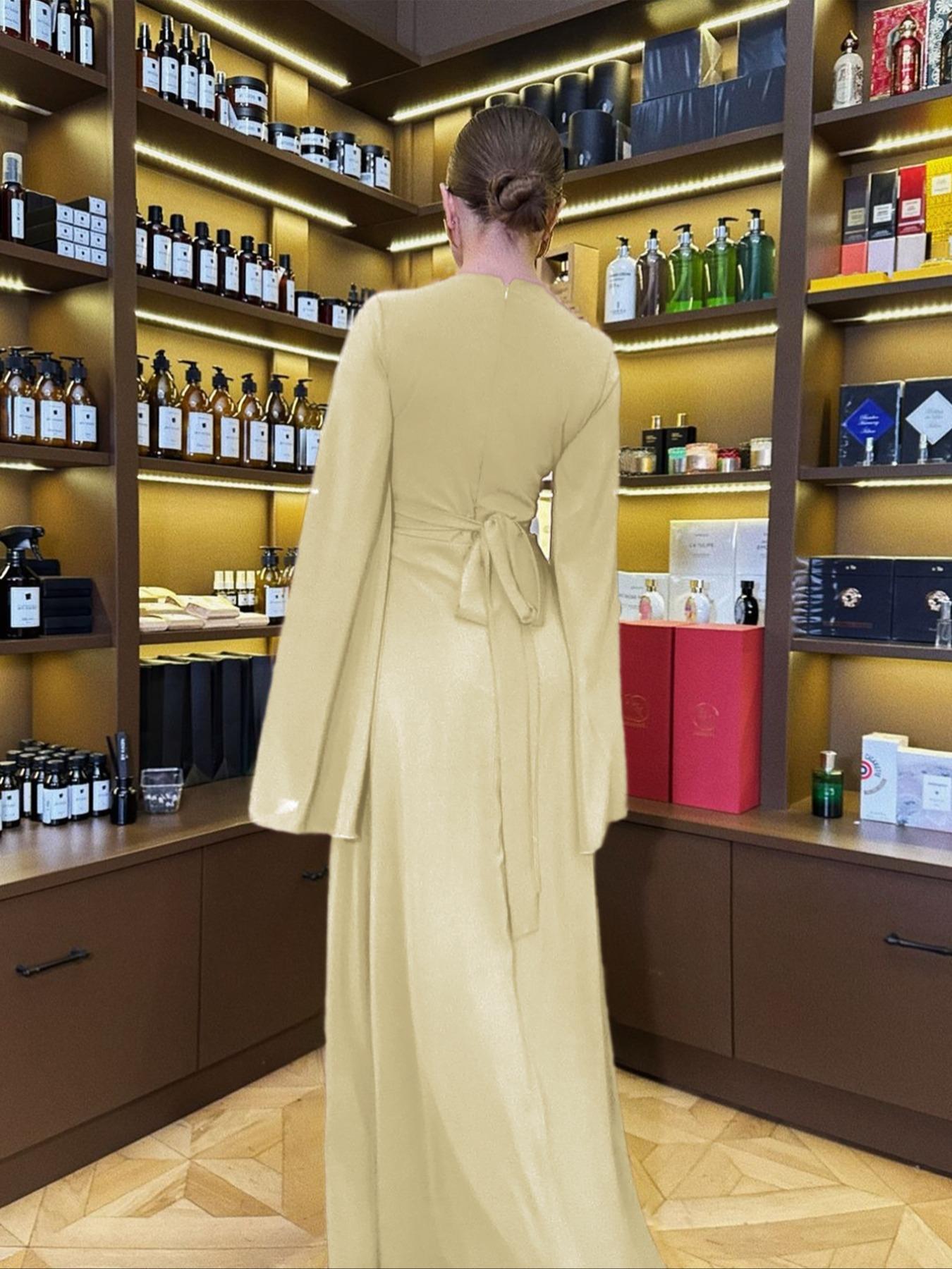 Pure Color Elegant Chic Long Sleeve Dress (long), Fitted Ruffle Design, Extra-Long Sleeve, Spring & Fall Fashion, Plain Style