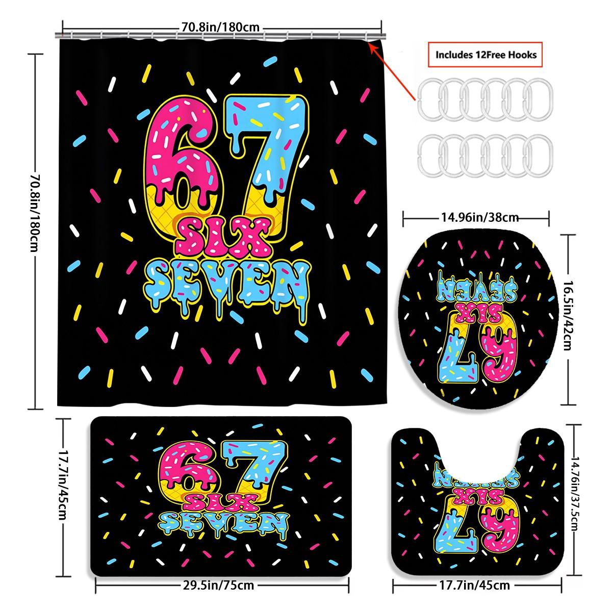 1/4PCS Six Seven Shower Curtain set, Graffiti Art Bathroom Decor, Bathroom Decoration Accessories, Accessories with Bath Mat, U-shaped Mat, Toilet Lid Cover, 12 Hooks 180x180cm Curtain, Urban Style, Home Decor, Urban Theme, bathroom accessories.