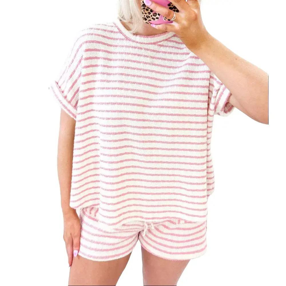 Womens 2 Piece Lounge Set Summer Stripe Knit Short Sleeve Tee Shirts Shorts Casual Summer Loungewear Shorts Sets
