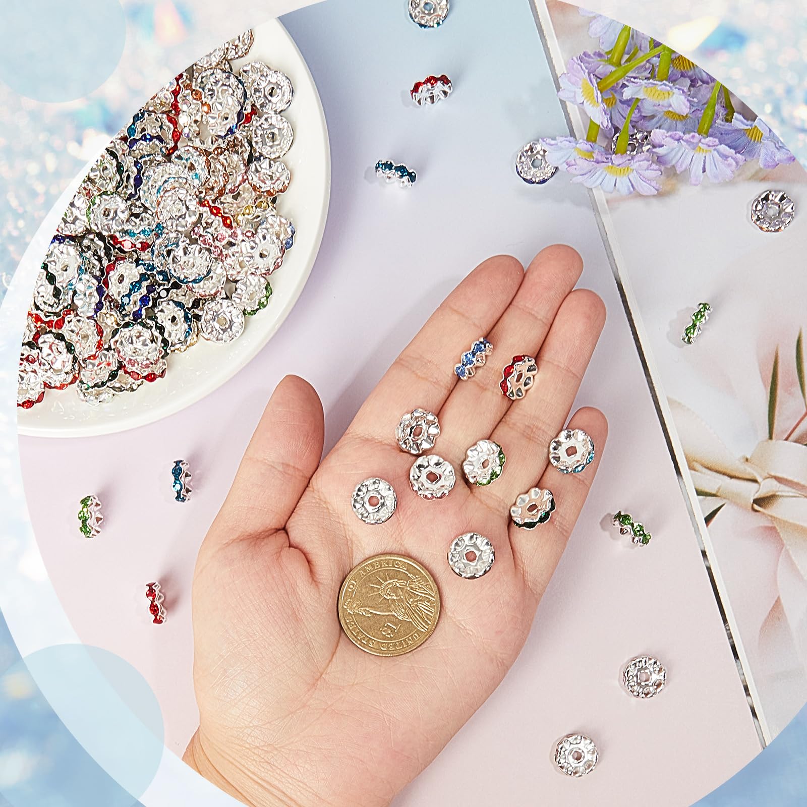 100 Pcs Large Hole Beads Multicolor Rondelle Spacer Beads for Pen Jewelry Making 12 mm Rhinestone Wave Spacer Beads European Beads for Bracelets Jewelry Beadable Pen DIY