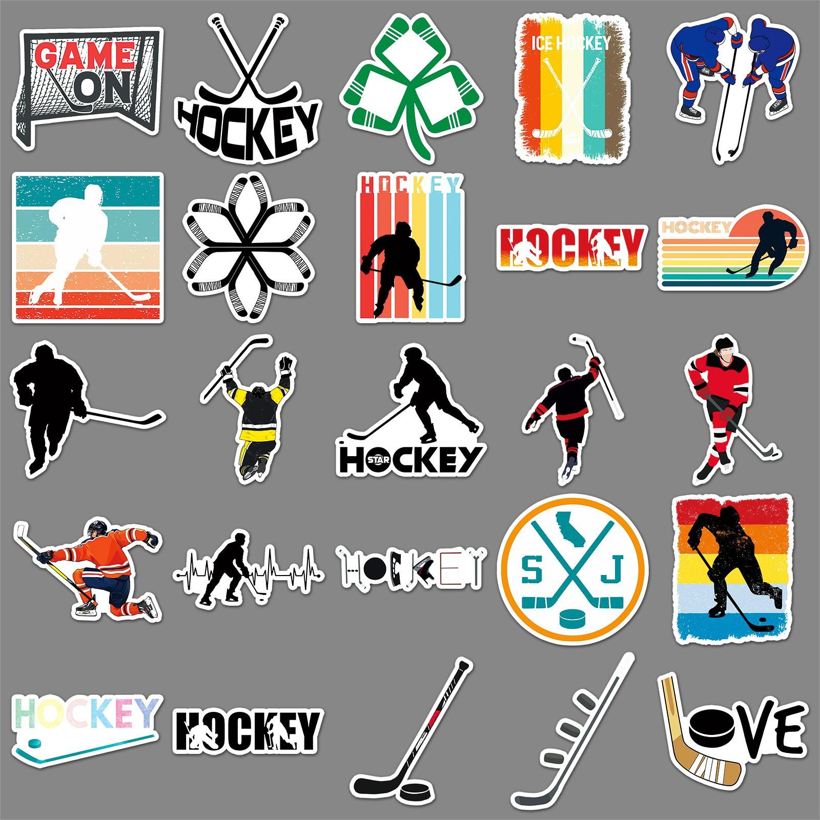 50pcs Hockey Stickers, Sports Themed Vinyl Decals, Waterproof Stickers for Water Bottle Laptop Skateboard Luggage, Hockey Player Stickers Pack for Teens Boys Sports Fans