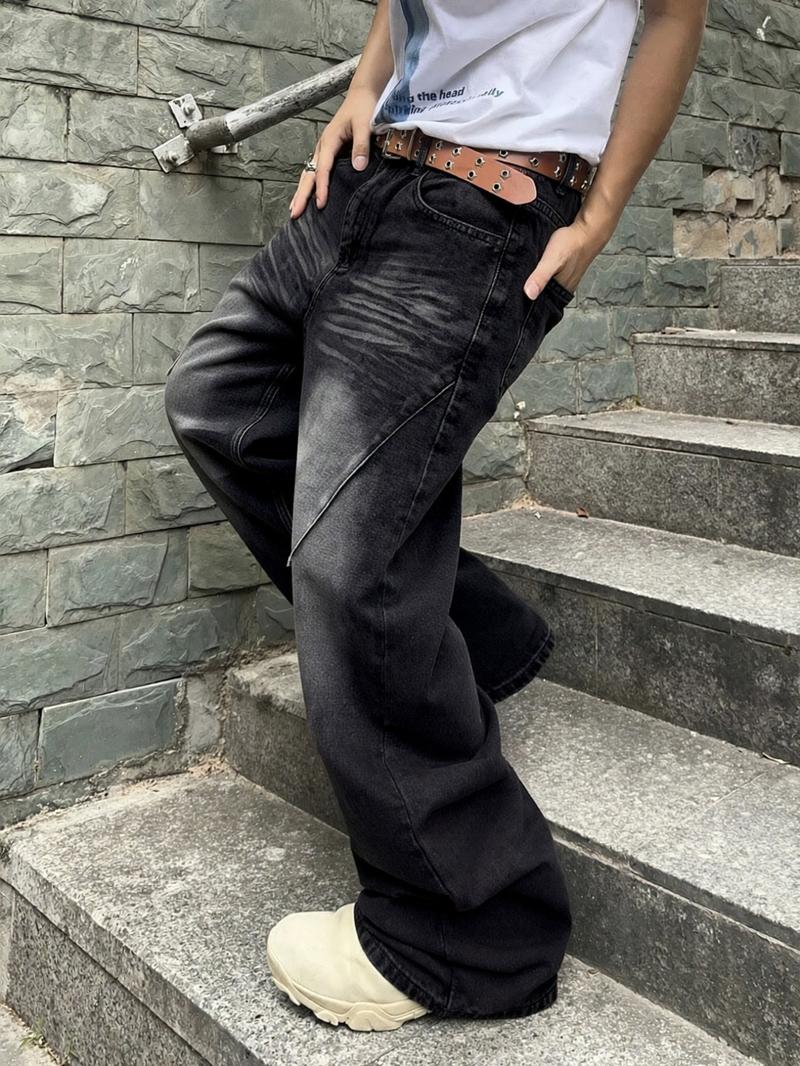 Y2K Retro Black Stone Washed Loose Jeans, Men's Streetwear Hip-Hop Casual Pants, Wide-Leg Loose Jeans with Distressed Effect, for Leisure Daily Wear