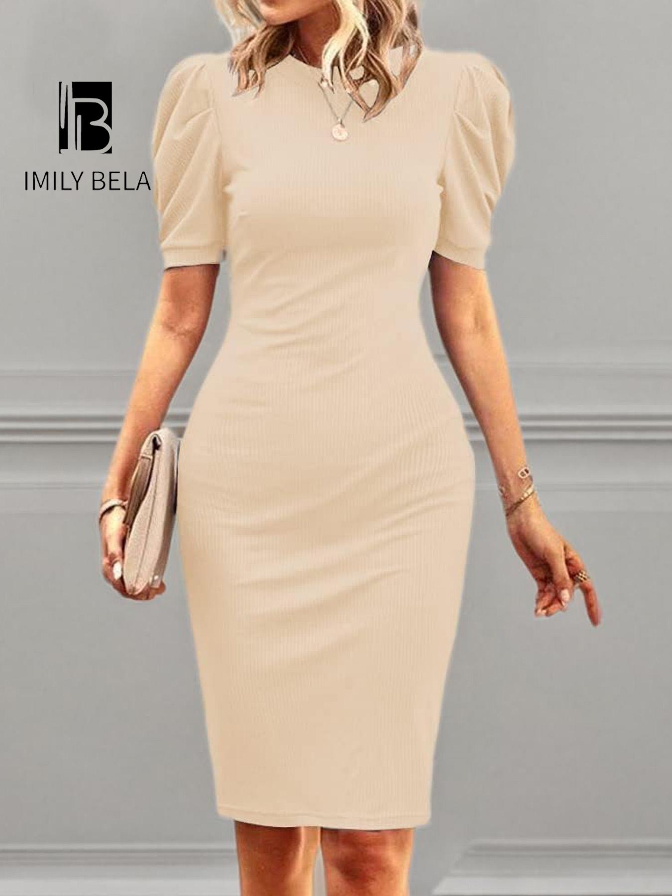 Women's Plain Puff Sleeve Dress, Elegant Fashion Casual Bodycon Dress for Work Office Business, Ladies Dress for All Seasons Formal Wear