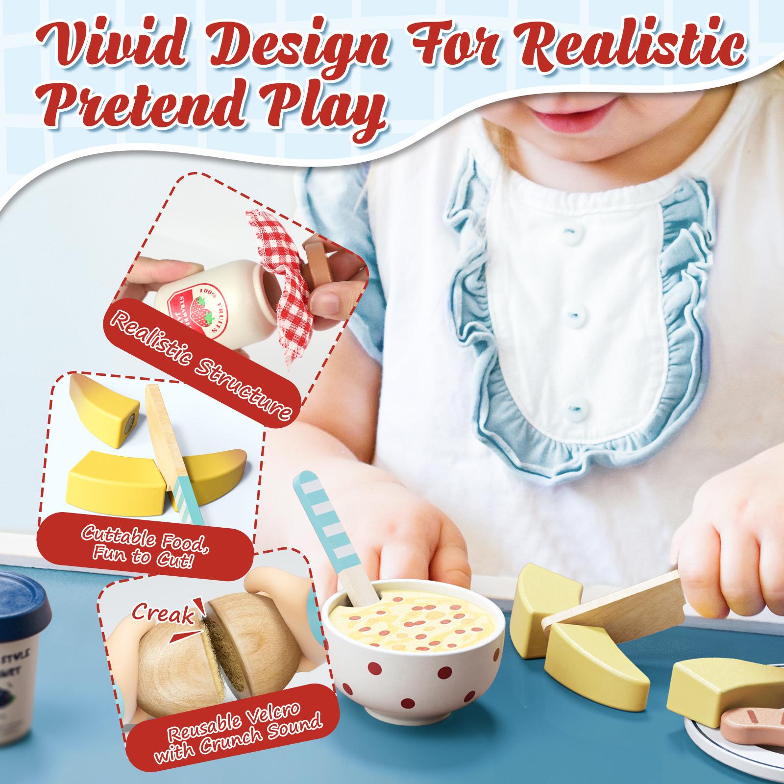 Wooden Pretend Play Food, Wooeden Breakfast Food, Play Food Sets with Shopping Bag for Kids Kitchen, Fake Food Pretend Play for Kids, Realistic Food Playset Cutting Fruit Bread Egg Bag, Role Playing Toys for Kids