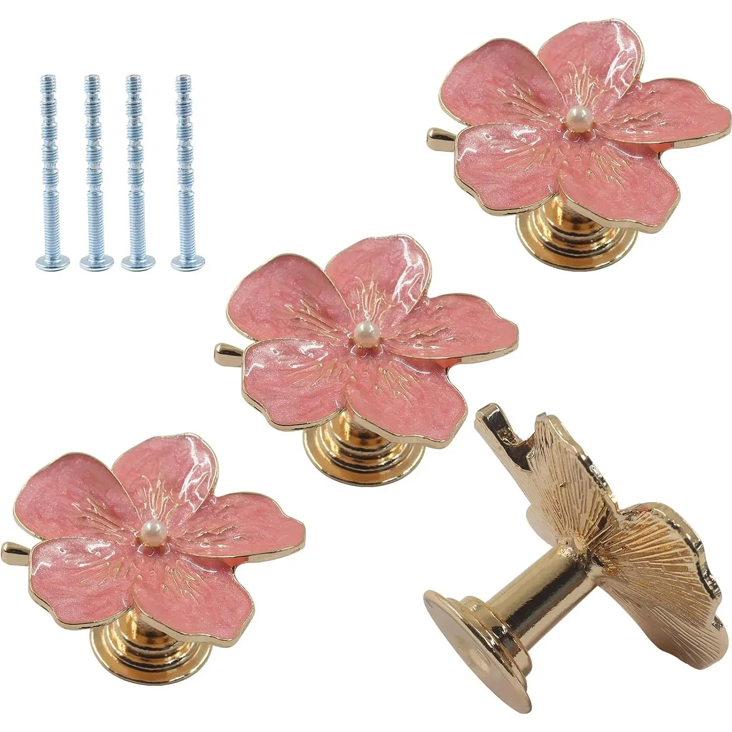Zinc Alloy Flower-Shape Cabinet Knobs with Rhinestones, 4-Count 44x25mm Furniture Decor Pull Handles, Includes Mounting Screws for Kitchen Dressers Closets