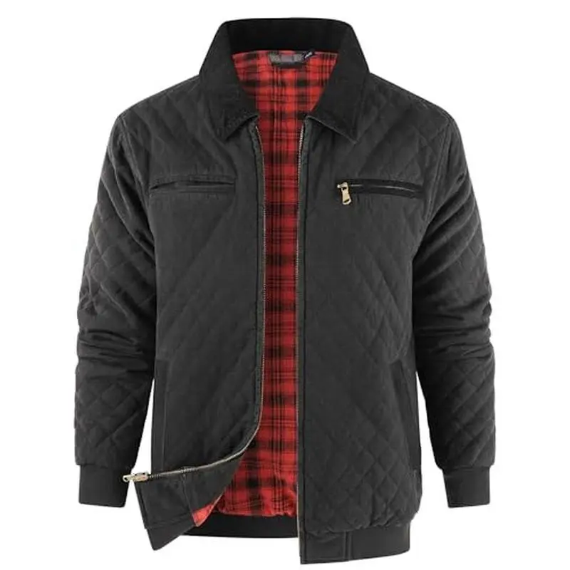 BIGWIG Men's Diamond Quilted Cotton Duck Canvas Insulated Plaid Flannel Lined Padded Jackets, Men's Quilted Shirt Jacket - Menswear Long-Sleeve Zip-Up Top with Pockets, Waterproof Warm Winter Coat, Lightweight Business Casual Thickened Flannel Outerwear