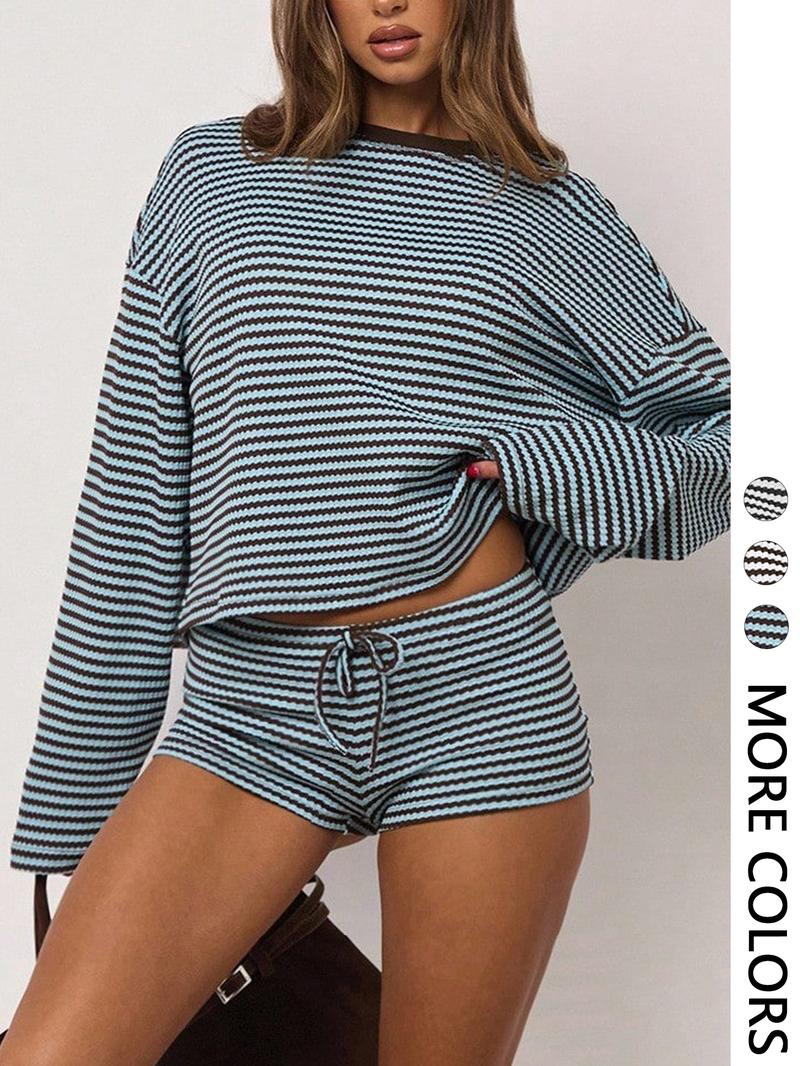 Women's Casual Striped Long Sleeve Top + Shorts Set, 2 Piece, Comfortable and Stylish, Perfect for Daily Wear