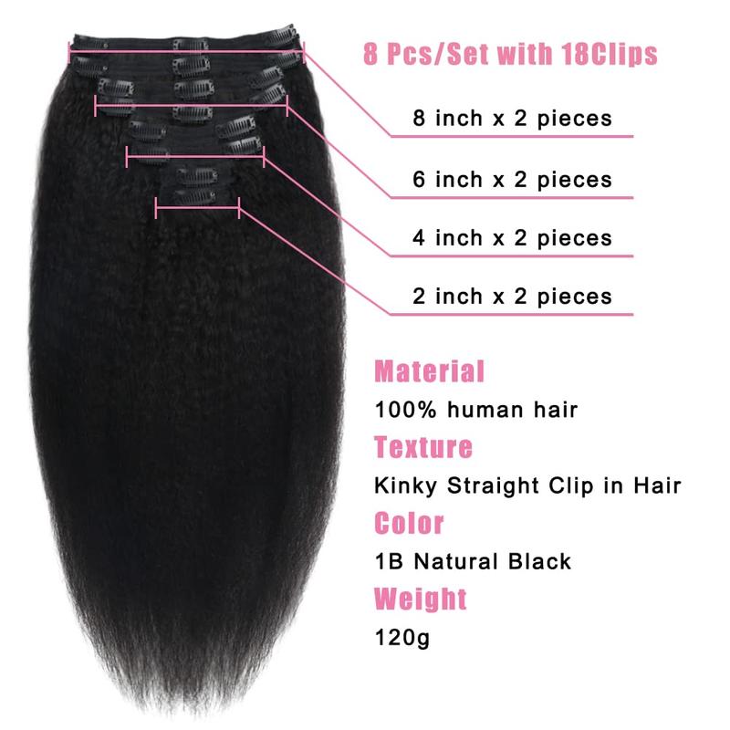 Kinky Straight Clip ins 8Pcs 120g Clip in Hair Extensions Real Human Hair Yaki Straight Clipins for Black Women Full Head Brazilian Remy Hair Extensions Double Weft 20 Clips