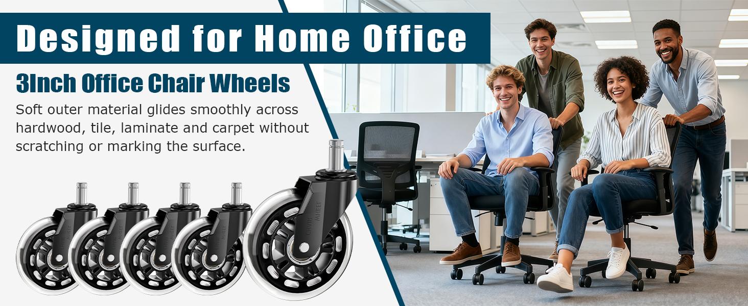 3 Inch Polyurethane Office Chair Caster Wheels Replacement (Set of 5) - 7/16" Push-In Stem Universal Furniture Wheels, Quiet Smooth Rolling, Floor Protection for Carpet, Hardwood, Tile, Fits Most Rolling & Gaming Chairs, Universal Casters, Wheels For Furn