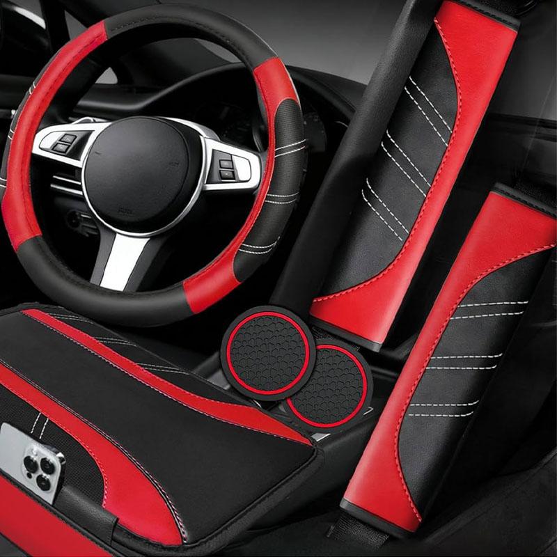 6Counts Car Interior Accessories Set: Sporty PU Leather Steering Wheel Cover (14.5-15 inch Universal), Microfiber PU Leather Car Console Cover, Seatbelt Pads, Cup Holder Pads. Suitable for Men and Women, All Seasons.