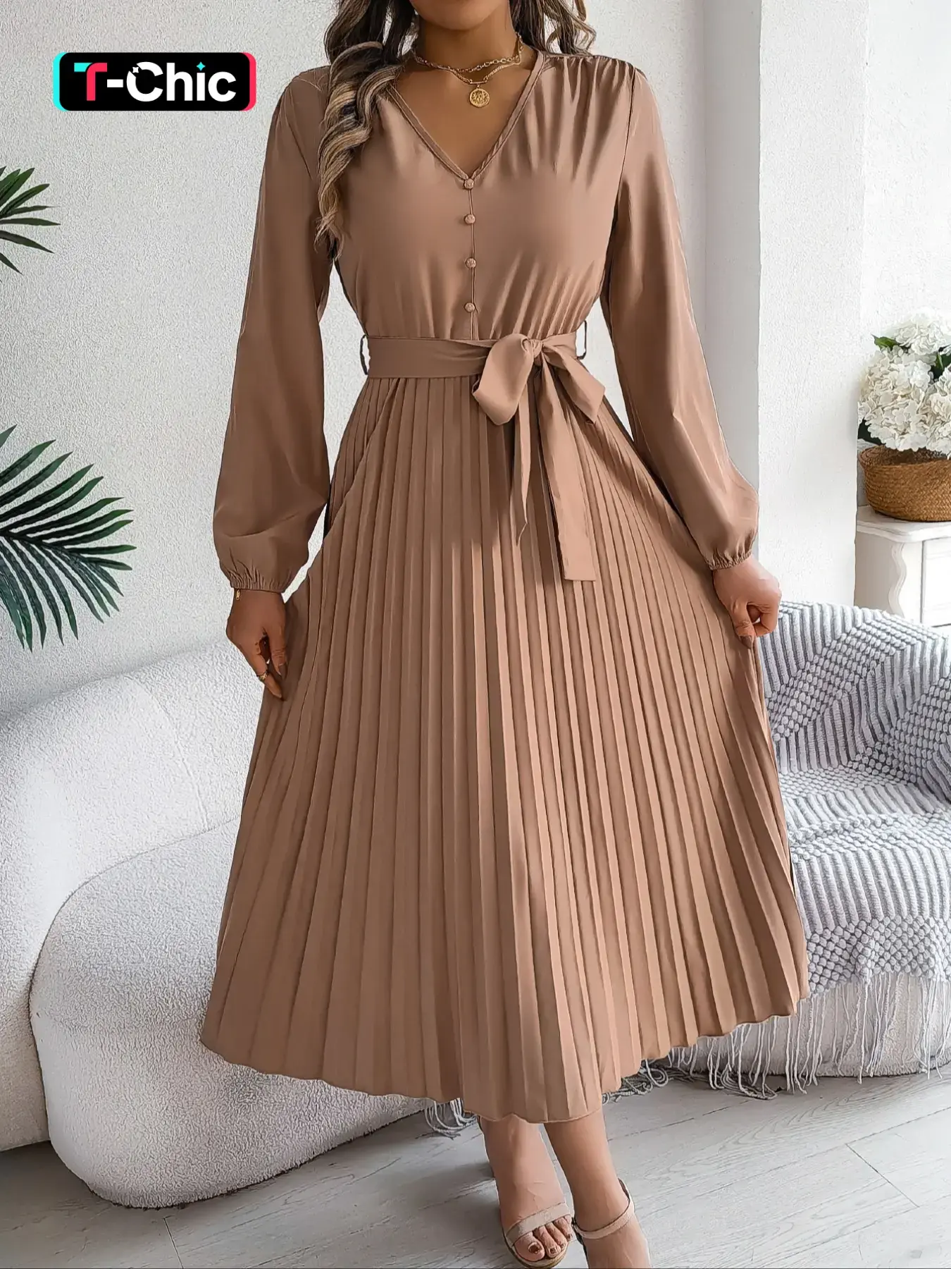 Women's Plain Fake Buttons Belted Pleated Dress, Bishop Long Sleeve V Neck A Line Dress for Party Wedding Guest, Spring & Fall, Birthday Dresses, Wedding Attire, Womenswear
