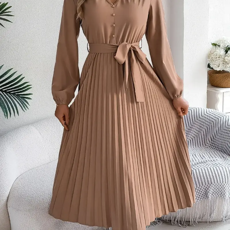 Women's Plain Fake Buttons Belted Pleated Dress, Bishop Long Sleeve V Neck A Line Dress for Party Wedding Guest, Spring & Fall, Birthday Dresses, Wedding Attire, Womenswear