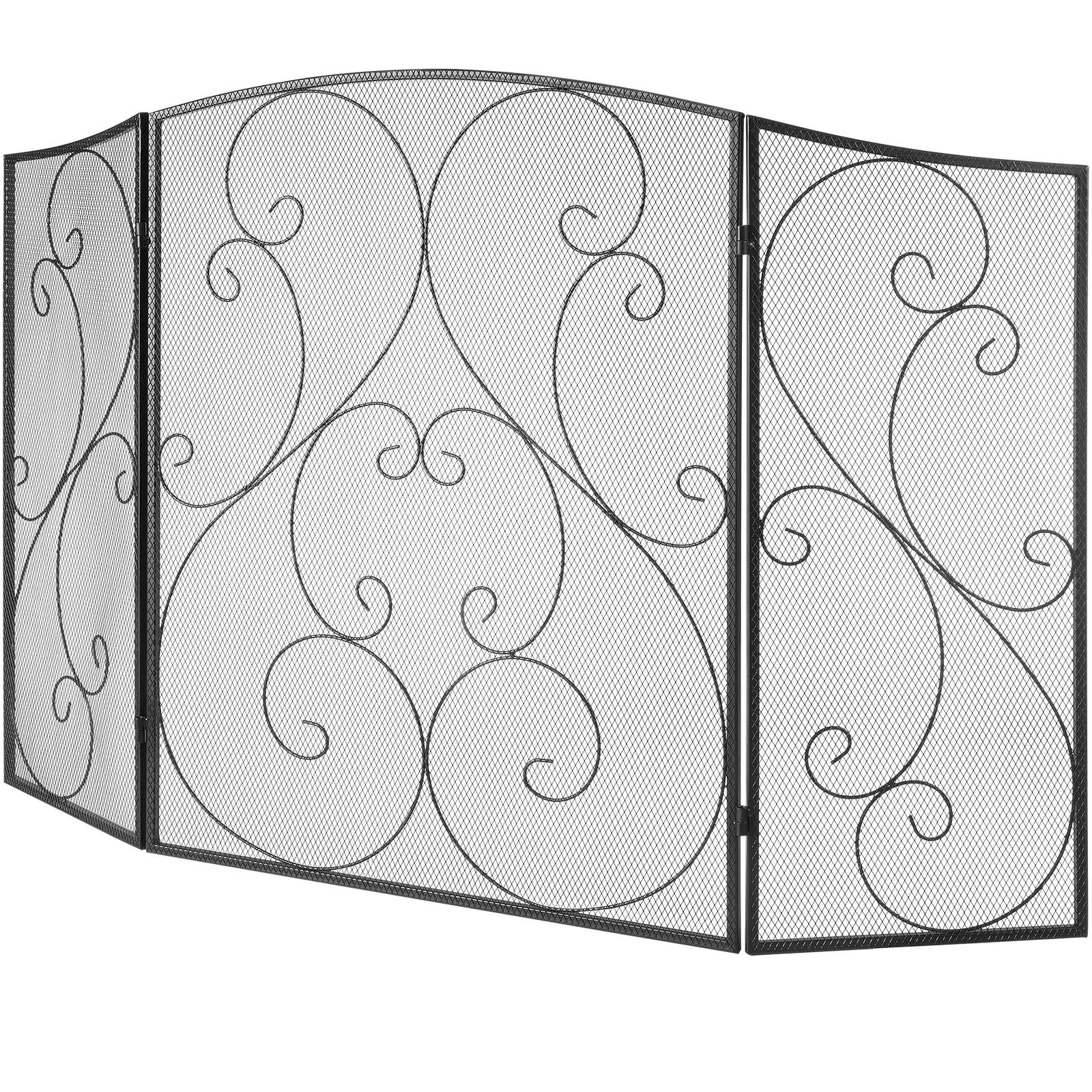 Fireplace Screen 3 Panel, Sturdy Iron Mesh Fireplace Screen, 48"(L) x30.2"(H) Spark Guard Cover, No Assembly Required, Free Standing Fireplace Fence Grate for Living Room Home Decor Vintage Black