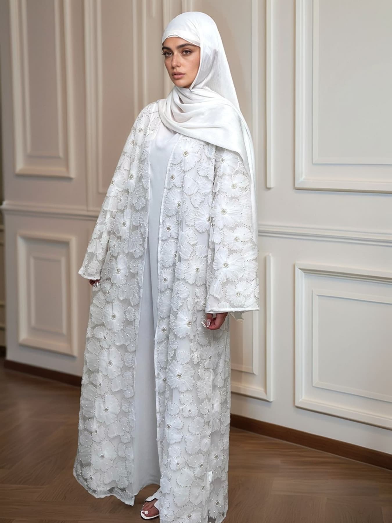 Women's Elegant Pearl Floral Beaded Abaya Hijab Set