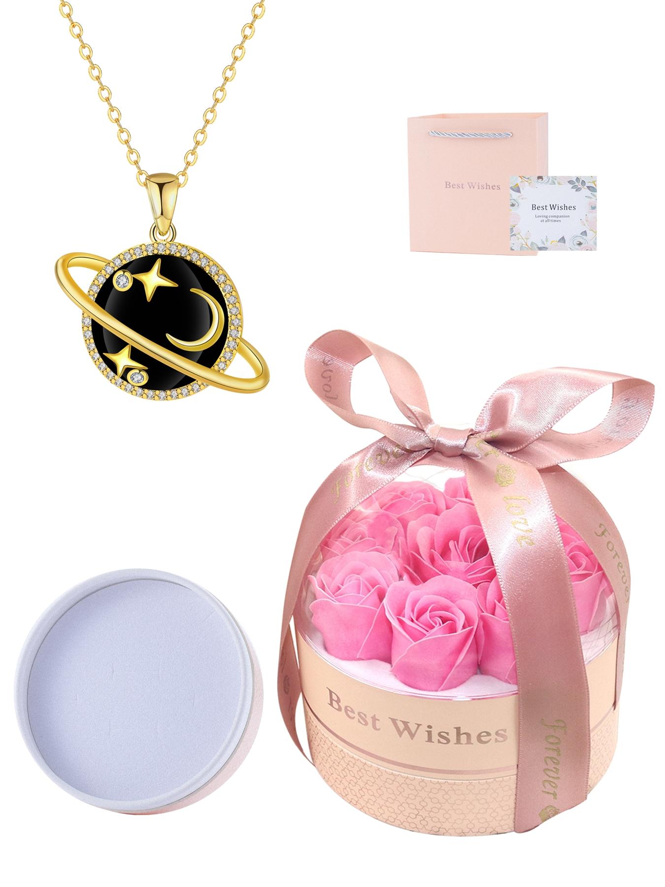 Diamond Saturn Pendant Necklace, 18k Gold Plated Low Allergy, Ideal Jewelry Gift for Mother's Day, Anniversary, Includes Gift Box