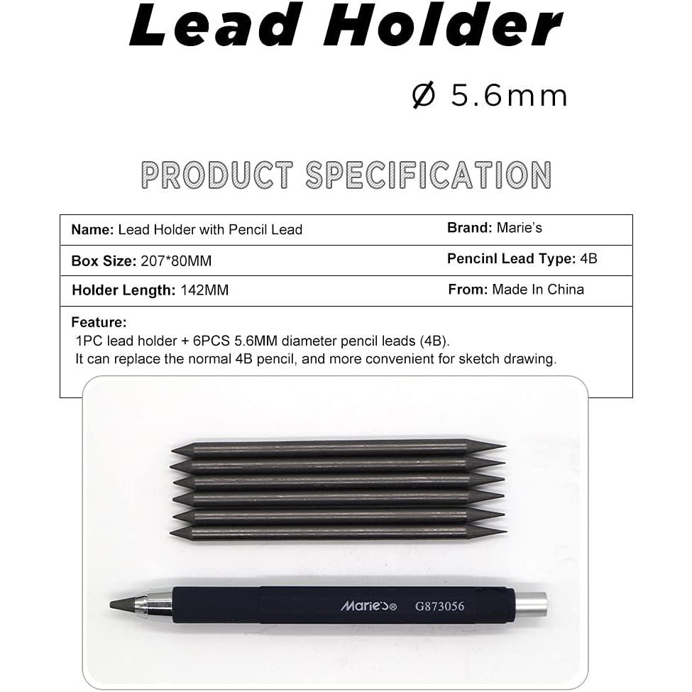 5.6mm Mechanical Pencil Automatic Clutch Lead Holder, 5.6 mm Lead Art Mechanical Clutch Carpenter Pencil Graphite Pencil for Draft Drawing, Writting, Sketching (Black(with 6 count 4B Leads))
