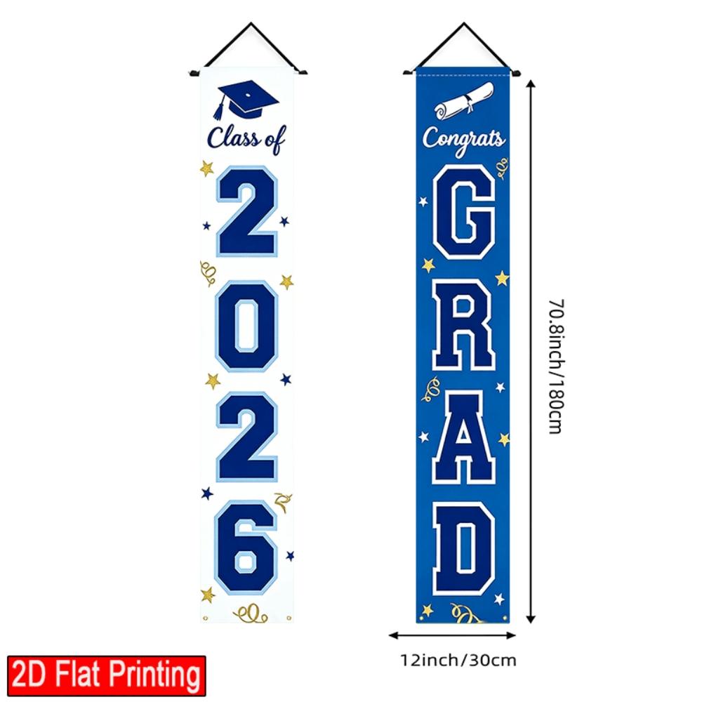 2DFlat2pcs 2026 Class  Graduation Door Banner, Blue and White Color Scheme with Grad Cap, Diploma and Star Elements, Ideal for 2026 Graduation Ceremony, Grad Party, Appreciation Dinner, School Celebration, Also as Porch or Wall Hanging,