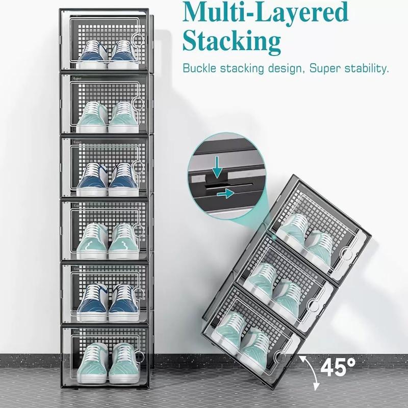 6-Pack thickened transparent shoe box (with lid), foldable stackable shoe rack, space-saving storage organizer, Clear shoe organizer, suitable for homes and dormitories