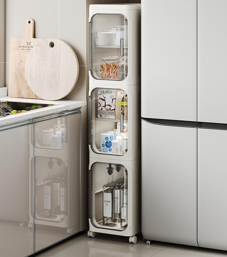 UFORU four-layer tall and narrow storage cabinet, made of plastic, with a slim design, doors and adjustable shelves, wheels, stackable and foldable, suitable for small spaces, bathrooms and kitchens.