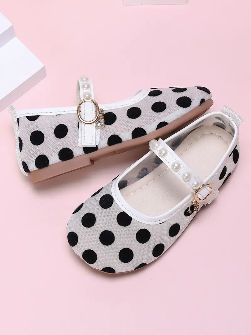 New Kids Polka Dot Mary Jane Shoes, Sweet Princess Style, Pearl Decor, Rhinestone Pendant, Easy Velcro Flat Shoes, Fashionable, Suitable for Vacation, Picnic, Daily Wear