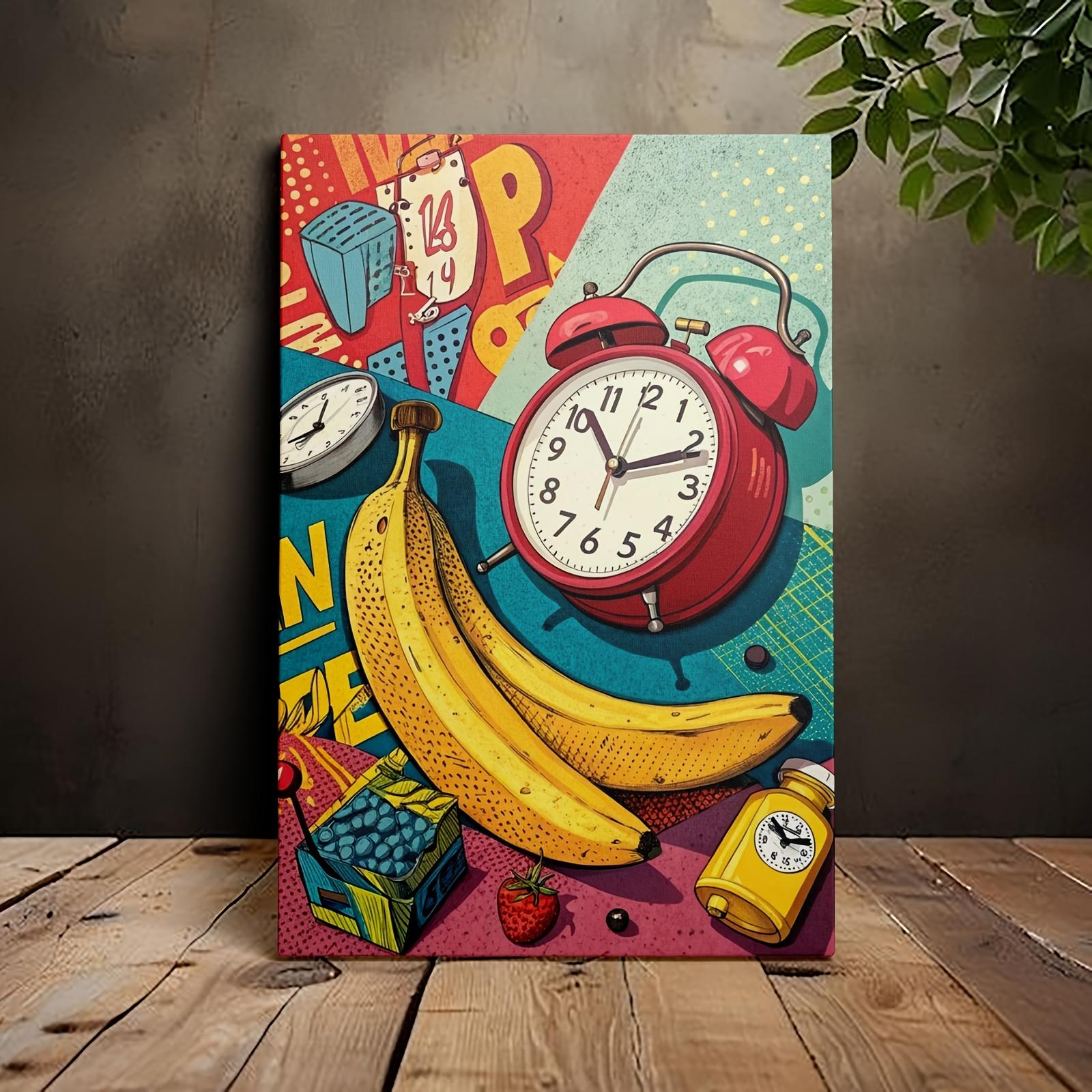 1pc Cute Banana Clock Canvas Art Print, Unframed Wall Decor for Kitchen Living Room Bedroom Office, Cartoon Style High-Quality Poster