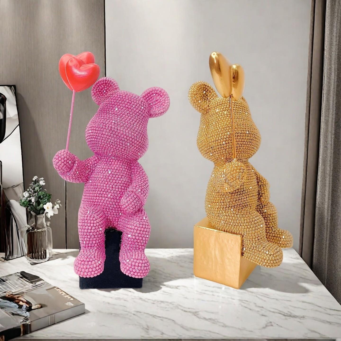 Resin Balloon Sculpture Bear Decor, Heart Design Bead Ornament, Ideal for Home Office Living Room Bedroom Gift, Unique Decoration Piece