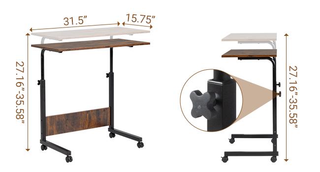 FCH Removable Chipboard & Steel Side Table with Rustic Brown Adjustable Work Table, Rolling Desk Laptop Computer Cart for Home, Bedroom, Office, Classroom